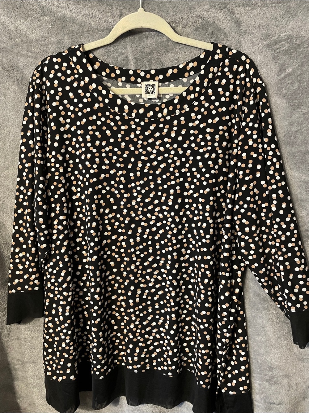 Anne Klein Black Long Sleeve Top with Cream and White Polka Dots